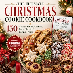 Könnte beinhalten: Ein Kochbuch mit dem Titel The Ultimate Christmas Cookie Cookbook mit 150 Classic Holiday Cookies, Bars, Biscotti & Festive Treats. Das Cover zeigt eine große Platte mit verschiedenen Weihnachtsplätzchen, darunter Lebkuchenmänner und Schneeflocken.