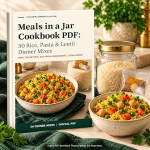 May include: A digital PDF cookbook titled Meals in a Jar Cookbook PDF: 50 Rice, Pasta & Lentil Dinner Mixes. The cover features a bowl of yellow rice with chickpeas and peas, a glass jar of rice, and a small spice packet on a green cloth.