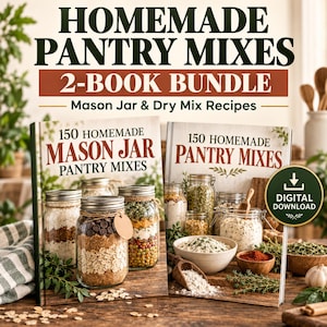 May include: A 2-book bundle titled Homemade Pantry Mixes featuring 150 Homemade Mason Jar Pantry Mixes and 150 Homemade Pantry Mixes. The covers display glass jars filled with dry ingredients, grains, and spices. Includes a digital download icon.