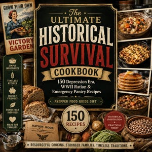 Op de afbeelding: Een kookboek getiteld The Ultimate Historical Survival Cookbook met 150 recepten uit de tijd van de Grote Depressie, rantsoenen uit de Tweede Wereldoorlog en noodvoorraden, voorzien van voedselfotografie en een afgebeeld rantsoenboekje.