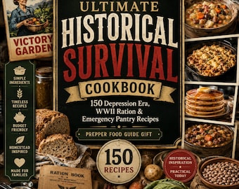 Historical Survival Cookbook: 150 Depression Era, WWII Ration & Emergency Pantry Recipes | Prepper Food Guide | Instant Download