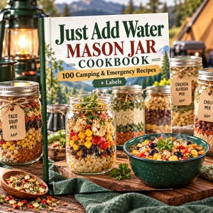 May include: A cookbook titled Just Add Water Mason Jar Cookbook with 100 Camping & Emergency Recipes + Labels. The cover features a mountain landscape. Several glass mason jars filled with layered dry food ingredients sit nearby.