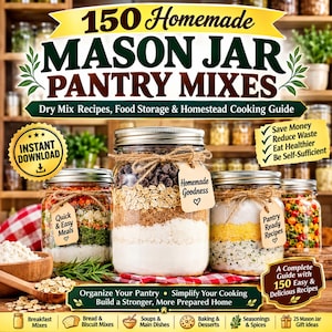 May include: A digital guide titled 150 Homemade Mason Jar Pantry Mixes featuring dry mix recipes, food storage, and homestead cooking. The cover displays glass jars filled with layered ingredients, twine, and tags labelled Homemade Goodness.