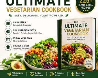 Vegetarian Cookbook PDF | 225 Easy Plant-Based Recipes | Healthy Meal Plan | Printable Digital Download | Gift for Women