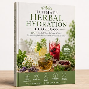 Puede incluir: Un libro de tapa dura titulado Ultimate Herbal Hydration Cookbook con una cubierta blanca, texto verde e imágenes de infusiones, aguas aromatizadas e ingredientes frescos. La cubierta incluye una insignia circular con 100+ delicious recipes.
