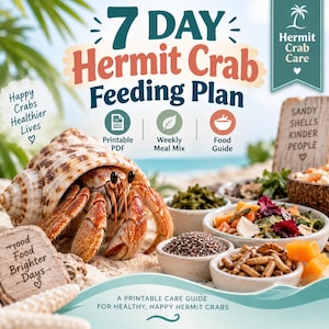 Puede incluir: Una guía de plan de alimentación de 7 días para cangrejos ermitaños con un cangrejo en una concha, cuencos de comida y texto que incluye "Happy Crabs Healthier Lives", "Printable PDF", "Weekly Meal Mix", "Food Guide" y "Food Brighter Days".