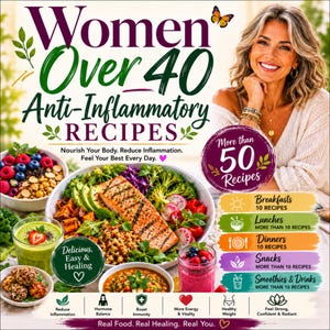Puede incluir: Una portada de libro de cocina titulada Women Over 40 Anti-Inflammatory Recipes con una persona sonriente, un taz&oacute;n de salm&oacute;n con verduras, un batido y texto que detalla m&aacute;s de 50 recetas de desayunos, almuerzos, cenas y aperitivos.
