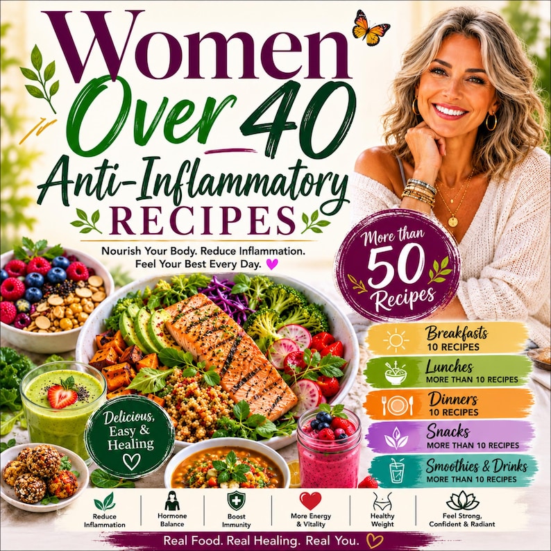 Puede incluir: Una portada de libro de cocina titulada Women Over 40 Anti-Inflammatory Recipes con una persona sonriente, un taz&oacute;n de salm&oacute;n con verduras, un batido y texto que detalla m&aacute;s de 50 recetas de desayunos, almuerzos, cenas y aperitivos.