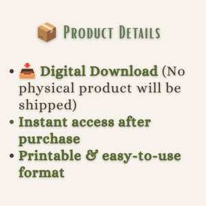 Puede incluir: Un gr&aacute;fico informativo con el t&iacute;tulo Product Details, que incluye un icono de caja marr&oacute;n y un icono de bandeja de entrada. El texto indica: Digital Download (No physical product will be shipped), Instant access after purchase y Printable & easy-to-use format.
