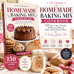 Könnte beinhalten: Das Kochbuch The Ultimate Homemade Baking Mix Cookbook zeigt einen Schokoladenkuchen, Kekse und Muffins auf dem Cover. Der Text lautet 150 Easy Cakes, Breads, Muffins, Cookies & Make-Ahead Pantry Mixes. Ein Glas mit einem Etikett Vanilla Cake Mix steht daneben.