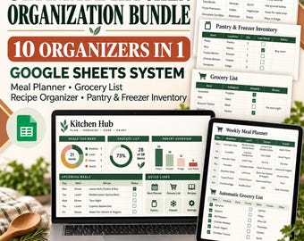 Ultimate Kitchen Organization Bundle | Google Sheets Meal Planner, Grocery List, Recipe Organizer, Pantry & Freezer Inventory
