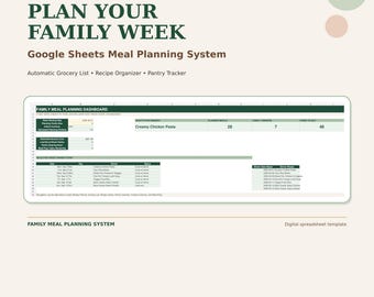Family Meal Planner Google Sheets | Weekly Dinner Planner, Automatic Grocery List, Recipe Organizer & Pantry Tracker