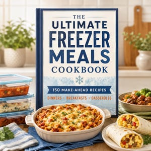 Puede incluir: Un libro de cocina de tapa dura titulado The Ultimate Freezer Meals Cookbook con 150 recetas para preparar con antelación. La portada presenta texto azul y blanco, un icono de copo de nieve y enumera cenas, desayunos y guisos.