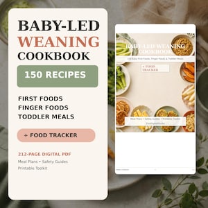 Könnte beinhalten: Ein 212-seitiges digitales PDF-Kochbuch zur babygeleiteten Entwöhnung mit 150 Rezepten für erste Lebensmittel, Fingerfood und Kleinkindmahlzeiten. Das Cover zeigt den Titel, einen Essens-Tracker, Ernährungspläne und Sicherheitsleitfäden.