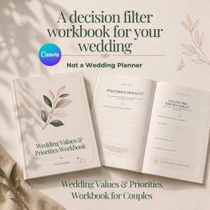 Op de afbeelding: Een werkboek voor huwelijkswaarden en prioriteiten voor koppels, met een gesloten boek met een bladillustratie en een open boek met de pagina's What Matters Most to Us en Decision Filter, met de tekst A decision filter workbook for your wedding.