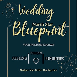Puede incluir: Una guía de planificación de bodas de color verde azulado oscuro con detalles dorados. El título "Wedding Blueprint" está en una escritura elegante. El texto incluye "North Star", "Your Wedding Compass" y "Navigate Your Perfect Day Together".