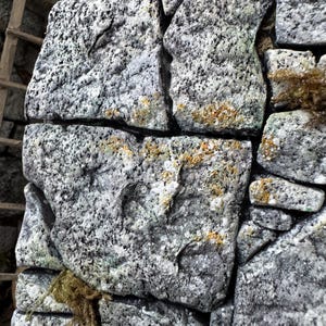 Pu&ograve; includere: Un muro in pietra costruito con blocchi di granito grigio irregolari e ruvidi. La superficie delle pietre presenta un motivo punteggiato con macchie di licheni gialli e verdi. Le pietre sono assemblate con spazi visibili tra loro.
