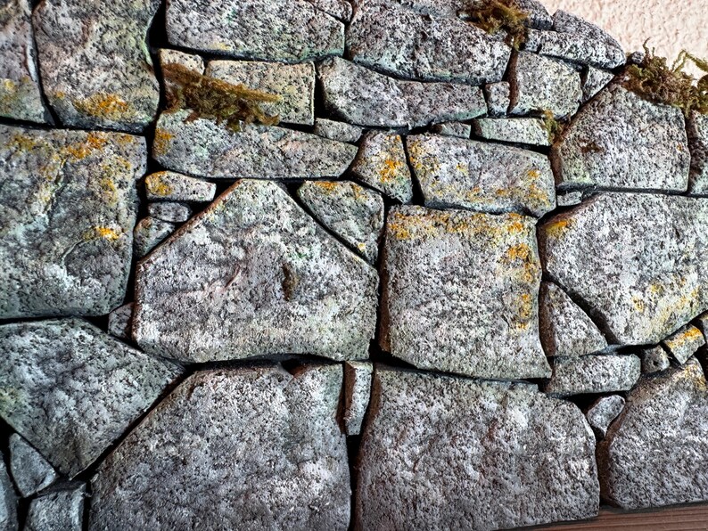 Pu&ograve; includere: Un pannello murale testurizzato con un motivo realistico di muratura in pietra con rocce irregolari nei toni del grigio e del blu. La superficie presenta fessure dettagliate, texture di pietra usurata e accenti di muschio verde e giallo.