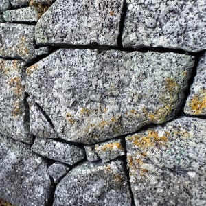 Pu&ograve; includere: Un muro a secco costruito con blocchi di granito irregolari e grezzi in tonalit&agrave; grigie, bianche e nere. Le superfici strutturate delle pietre presentano macchie di lichene arancione e giallo, con piccoli ciuffi di muschio verde nelle fessure.