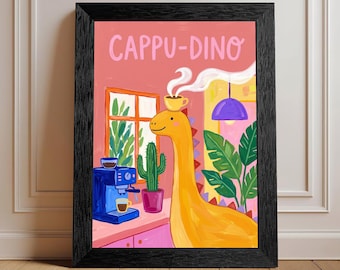 Cappu-Dino Coffee Dinosaur Art Print | Whimsical Kitchen Wall Decor (Framed/Unframed)