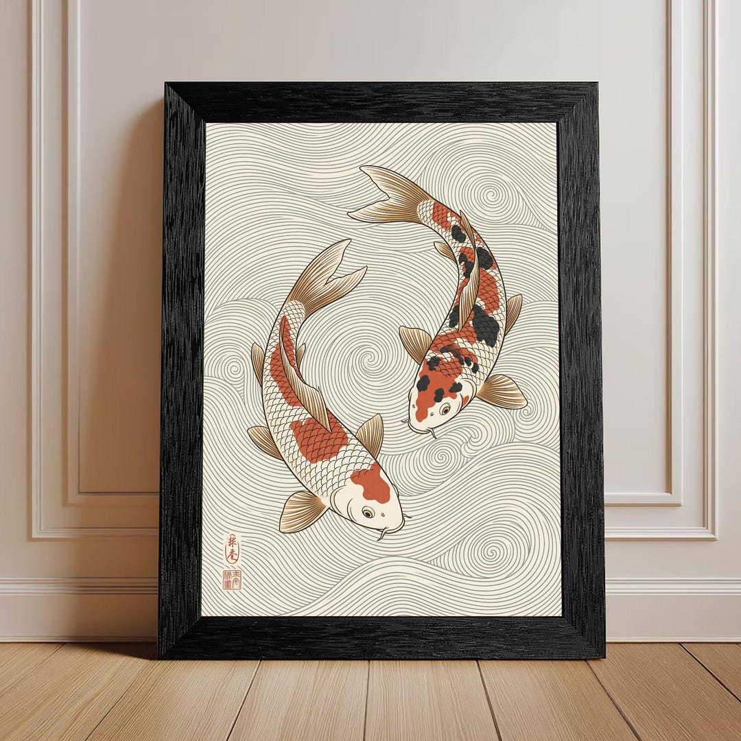 Japanese Koi Yin Yang Art Print | Ukiyo-e Style Wall Decor, Zen Waves ...