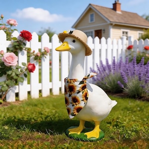 May include: A white duck statue wearing a straw hat with a yellow flower and a sunflower print bandana. The duck has yellow feet and a yellow beak. It is standing on a green base in a garden setting.