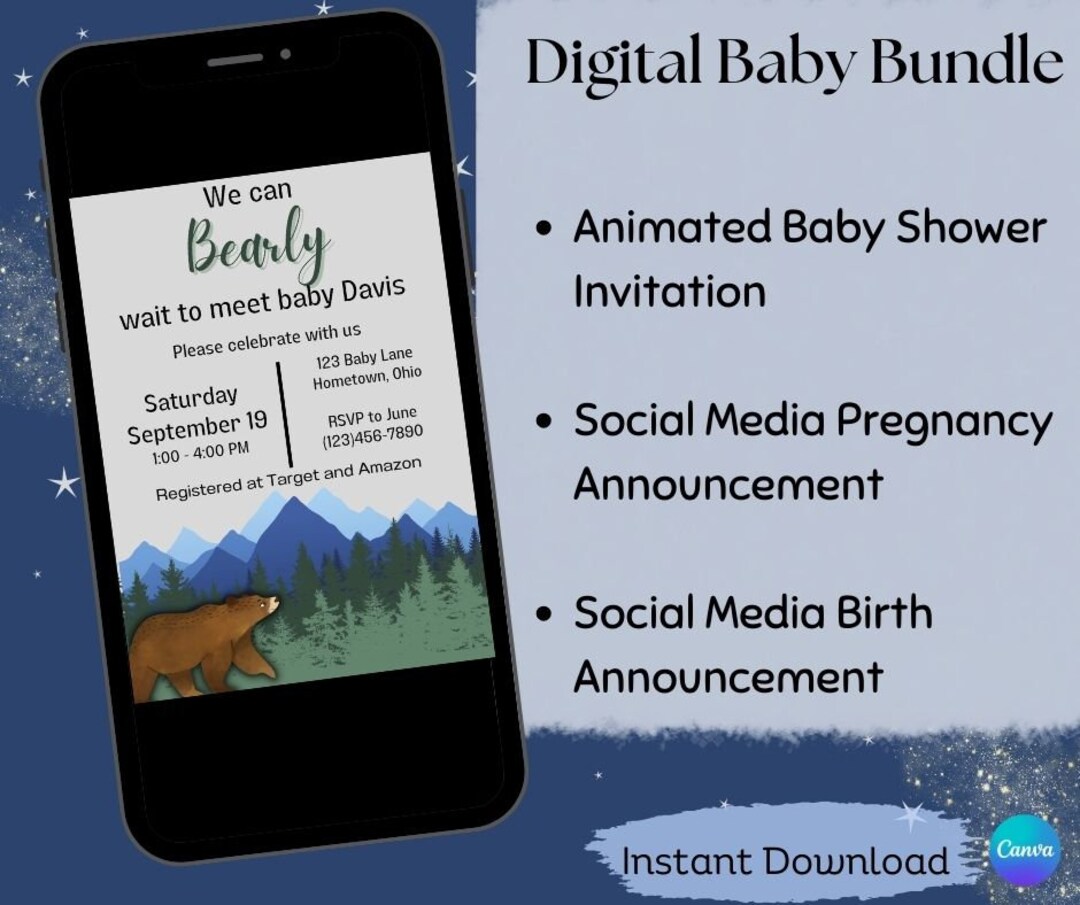 Rustic Bear Baby Shower Invitation and Announcement Digital Etsy