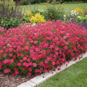 Könnte beinhalten: Ein lebendiges Beet mit rosa Kosmosblumen mit gelben Zentren. Die Blumen stehen in voller Blüte und bilden eine dichte, farbenfrohe Darstellung. Das Blumenbeet wird von einer Betonumrandung und Mulch begrenzt, mit grünem Gras im Hintergrund.