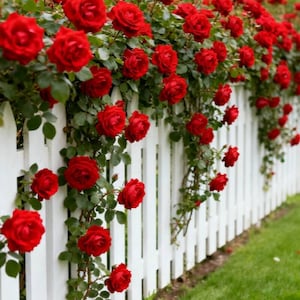 Può includere: Una staccionata bianca adornata da vibranti rose rosse in piena fioritura. Le rose rampicanti ricoprono la staccionata, creando una scena pittoresca con fogliame verde e uno sfondo erboso.