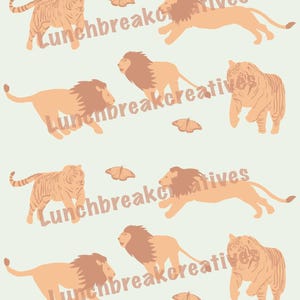May include: A repeating pattern of tigers, lions, and butterflies in shades of peach and brown on a light green background. The text "Lunchbreakcreatives" is diagonally across the image.