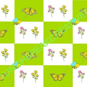 May include: A repeating pattern of yellow butterflies, bees, and flowers on a green and white checkered background. The butterflies have black markings, and the bees have blue wings. The flowers are pink and yellow.
