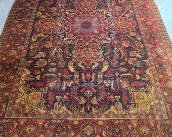 Alfombra Heriz grande de lana anudada a mano con medallón, 8x11, color naranja óxido y azul marino, diseño tribal, decoración vintage para el hogar.