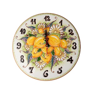 Large Italian Ceramic Wall Clock 14", Hand Painted Amalfi Lemon Pottery, Mediterranean Kitchen Decor, Handmade in Italy, Free Shipping