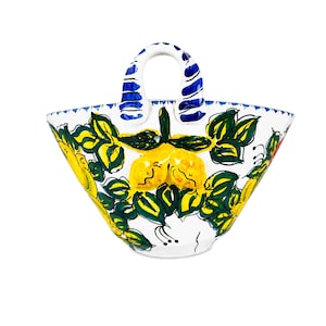 Paniere grande ceramica italiana, limoni a rilievo, dipinto a mano, manico blu, prodotto Italia, Vietri Amalfi, 30x25cm