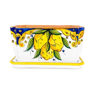 May include: A rectangular ceramic planter with a matching saucer, featuring a hand-painted design of bright yellow lemons with green leaves against a white background, accented by decorative blue and yellow scrollwork along the top rim.