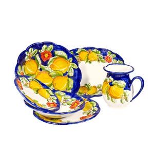 Complete 18-Piece Italian Dinnerware Set, Amalfi Coast Ceramic, includes Salad Bowl Pitcher and Platter, Hand Painted, Luxury Tableware