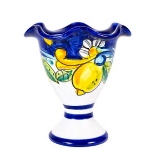 Handmålad glasskål i keramik från Positano | Hantverksmässig dessertskål från Amalfikusten i gult och blått | Glasshållare tillverkad i Italien, 15x13 cm