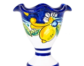 Bol de helado de cerámica de Positano pintado a mano | Bol de postre artesanal de la Costa Amalfitana en amarillo y azul | Helado fabricado en Italia, 15 x 13 cm