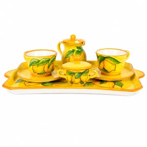 Handmade Ceramic Tea Set with Tray Lemon Pattern | Italian Pottery Tea Cups Sugar Bowl Creamer | Amalfi Coast Kitchen Decor Made in Italy