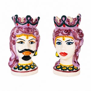 Sicilian Moorish Head Vases Pair 33x18 Hand Painted Italian Ceramic Head Planter Caltagirone Style Pottery | Purple Crown Luxury Decor