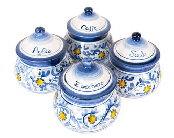 Set of 4 kitchen canisters Italian ceramic, coffee salt sugar garlic, hand painted, blue white, made in Italy, Vietri Amalfi, 15x15cm