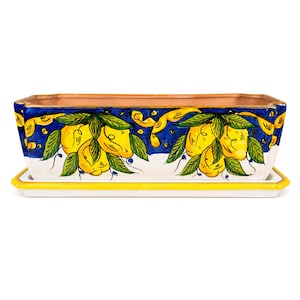 Può includere: Una fioriera rettangolare in ceramica con sottovaso abbinato. L'esterno presenta un disegno dipinto a mano di limoni gialli e foglie verdi su fondo bianco, arricchito da un bordo blu intenso con decorazioni a volute gialle.
