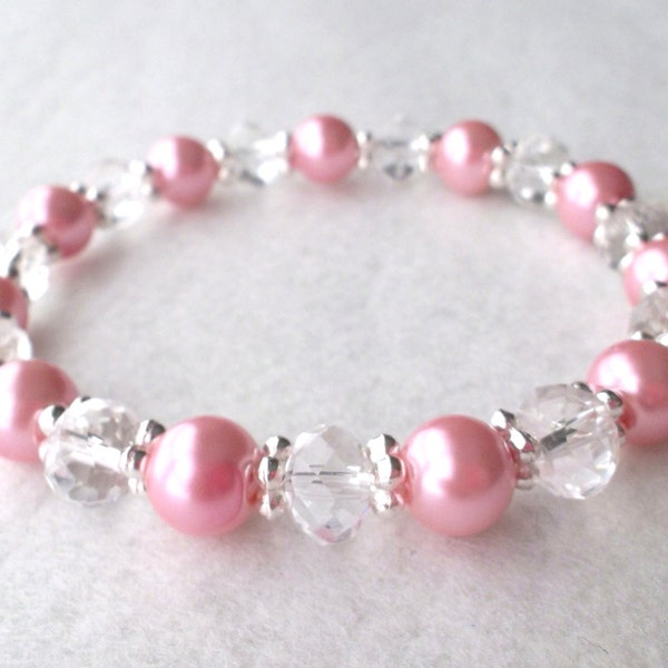 Valentines Day Frosty Pink Pearl and Clear Crystal Stretch Bracelet