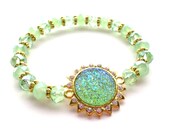 Mint Green Peridot Glitter and Rhinestone Sunburst Beaded Stretch Bracelet
