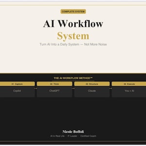 May include: A graphic with the text "AI Workflow System" and the tagline "Turn AI Into a Daily System - Not More Noise." The image includes a workflow method with steps: Capture, Think, Structure, and Execute. The image is in a cream and black colour scheme.