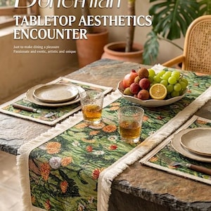 May include: A table setting with a green floral table runner and matching placemats. The table is set with plates, cutlery, and glasses of amber liquid. A bowl of fruit sits in the center. The text reads "Bohemian Tabletop Aesthetics Encounter."