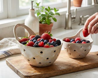 Handmade Stoneware Colander Set, Kitchen Strainer Bowl, Dishwasher Safe