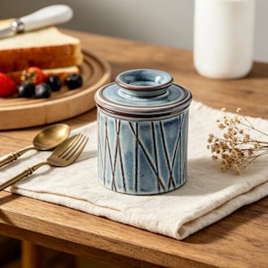 French Ceramic Butter Crock, Water Seal Butter Keeper for Countertop, 4 Inch 7oz, Embossed Farmhouse Style, Dishwasher Microwave Safe