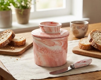 Marble Ceramic French Butter Crock, Water Seal Butter Keeper, Vintage Style Countertop Dishwasher Safe