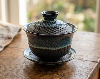 6oz Jianzhan Tea Cup with Lid and Saucer, Kiln Glaze Gaiwan Style Ceramic Teacup